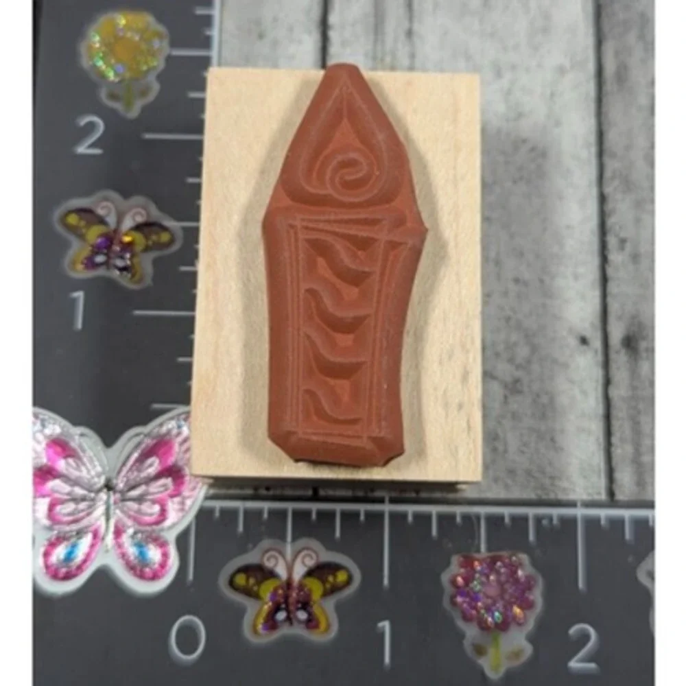 Striped Candle Lit Flame Rubber Stamp Wood #C41